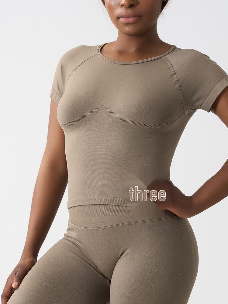 

Cross-Border Women s High-End Minimalist Quick-Drying Short-Sleeve Yoga Fitness Top S светло-коричневого