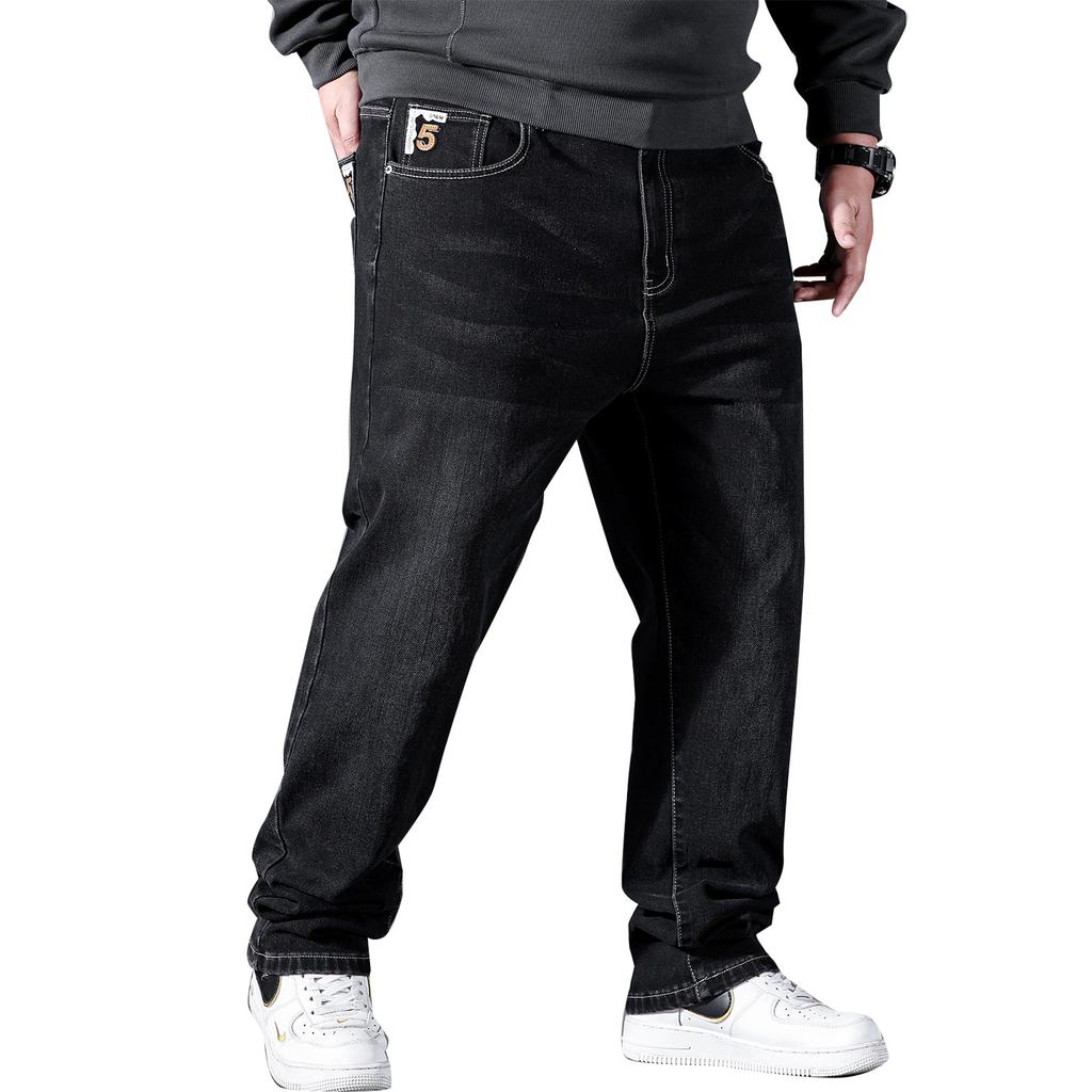 Plus Size Men's Straight-Leg High-Waisted Denim Trousers with High Elasticity