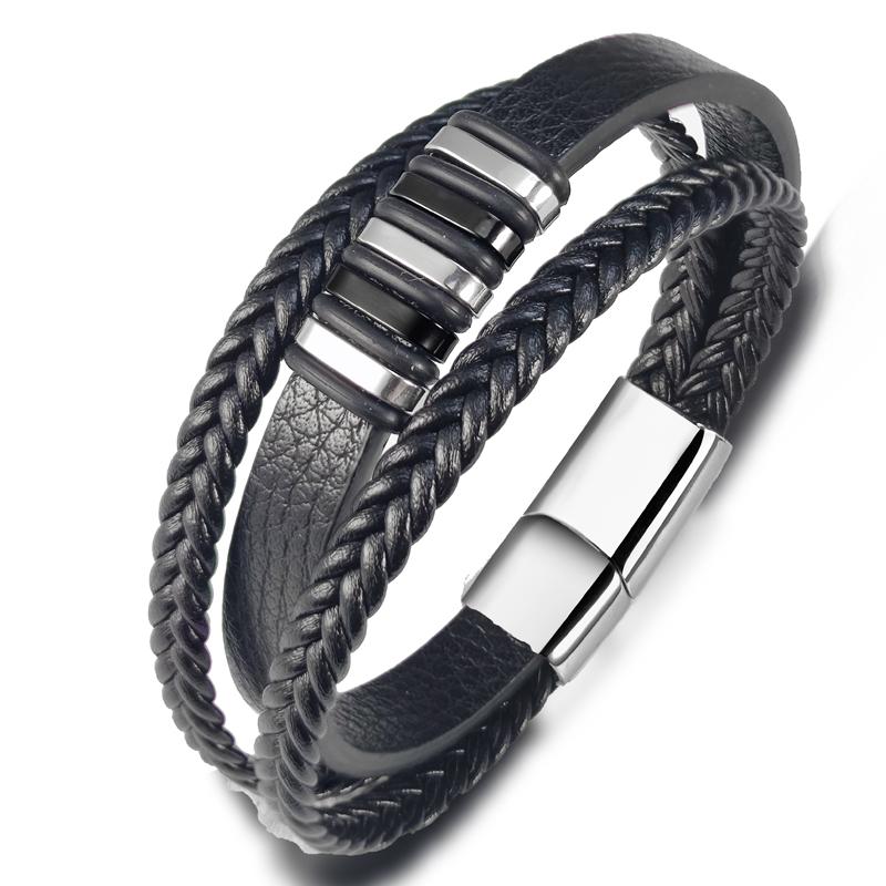Charm Design Classic Men s Leather Bracelet 3 Colors Stainless Steel Magnet Bangle Fashion Men s Christmas New Year Gifts 20.5cm