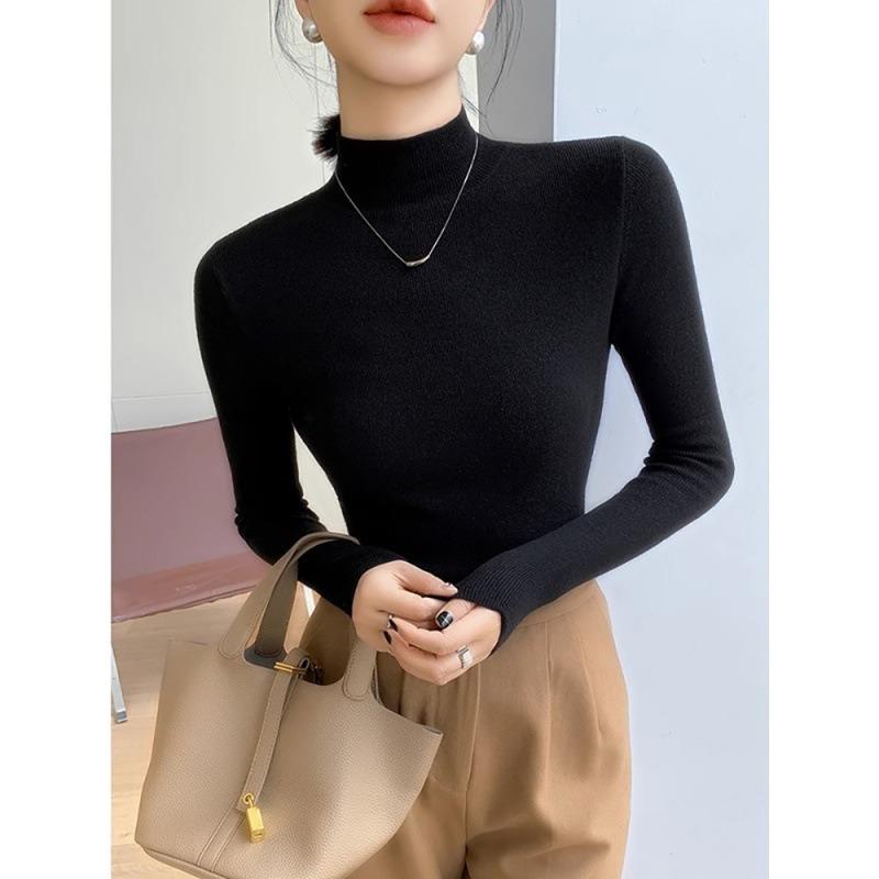 Autumn and winter black temperament semi-turtleneck knitted sweater women's new long-sleeved bottom sweater top