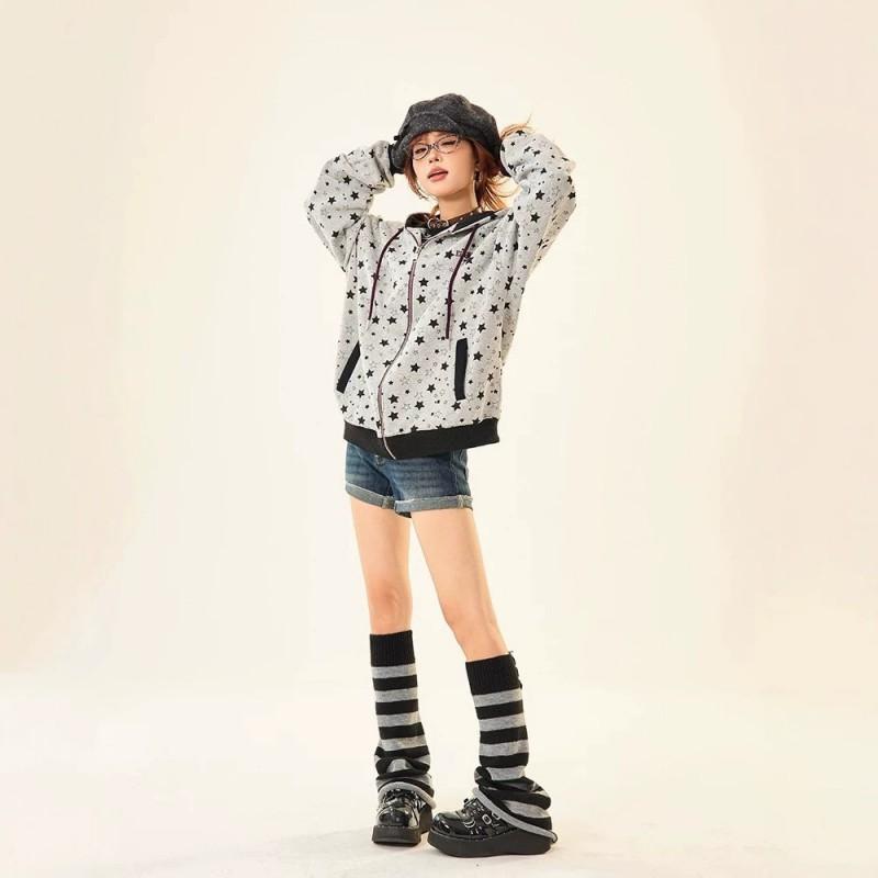 Womens Vintage Star Print Gray Zip-Up Hoodie Loose Casual Sweatshirt