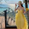 Internet Celebrity Design Heavy Industry Seaside Vacation Dress Yellow Plaid Irregular Backless Beach Dress