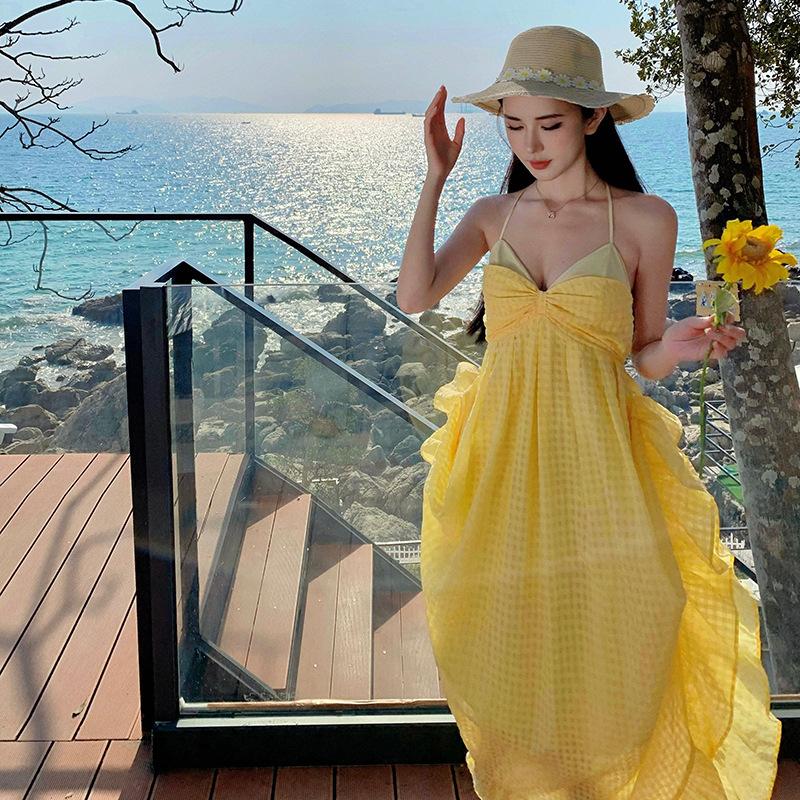Internet Celebrity Design Heavy Industry Seaside Vacation Dress Yellow Plaid Irregular Backless Beach Dress