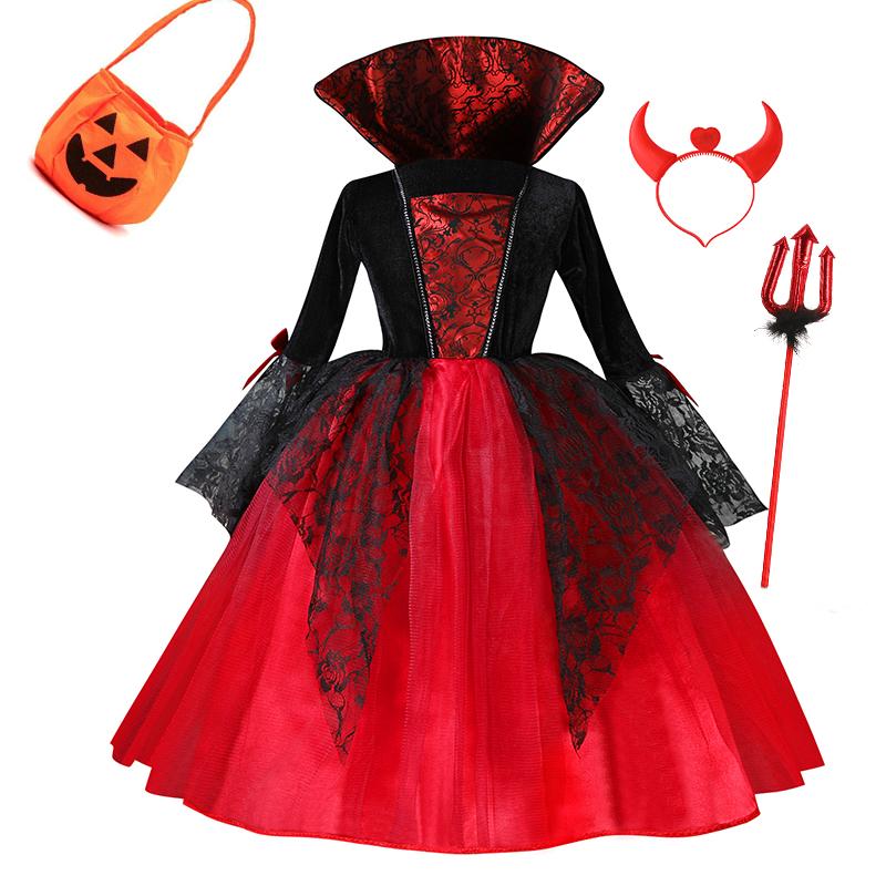Kinder Mädchen Vampir Teufel Cosplay Kleid Komplettset mit Zubehör Halloween Motto Party Kostüm Feiertagsgeschenk für Mädchen