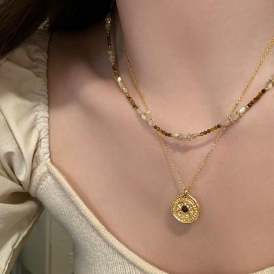 Maillard Style Natural Stone Beaded Compass Pendant Stacked Necklace Women'S Light Luxury Retro Versatile Neck Chain Collarbone Chain