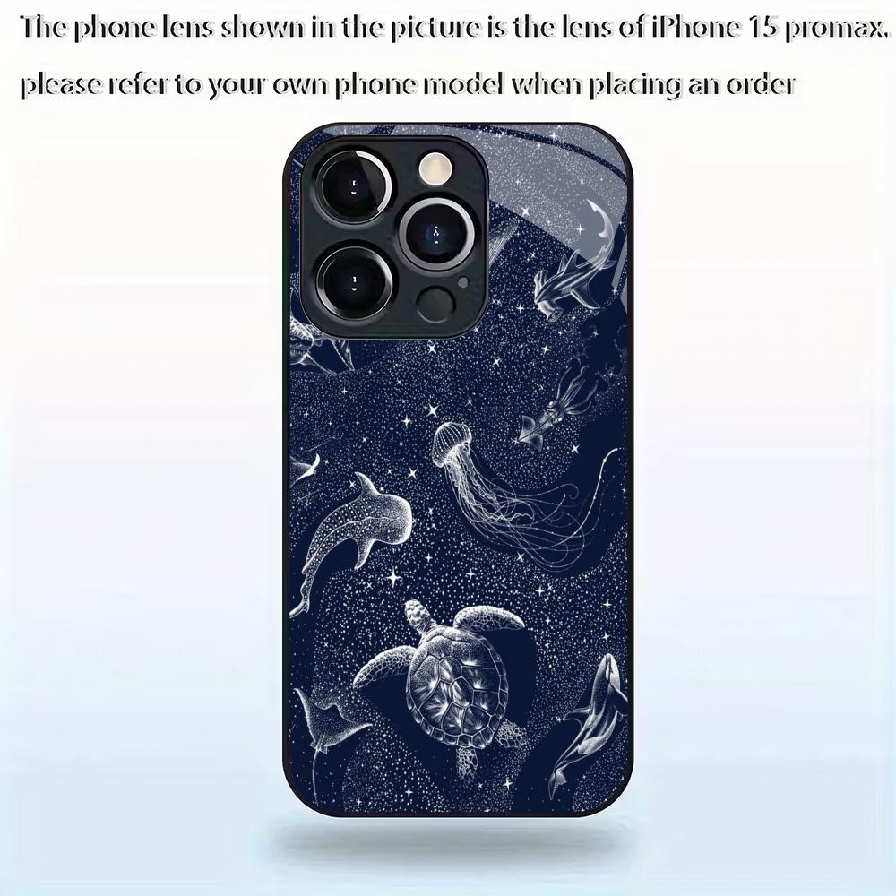 Turtle Dolphin Pattern Tempered Glass Phone Case Suitable for iPhone 17 16 15 14 13 12 11 Pro Max Plus Shockproof Back Cover