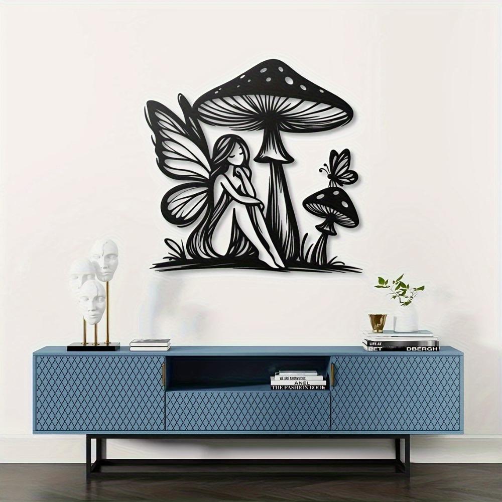 40x40cm Metal Mushroom Angel Girl Wall Art, Hanging Sculpture for Home Decor, Unique Modern Iron Craft Gift