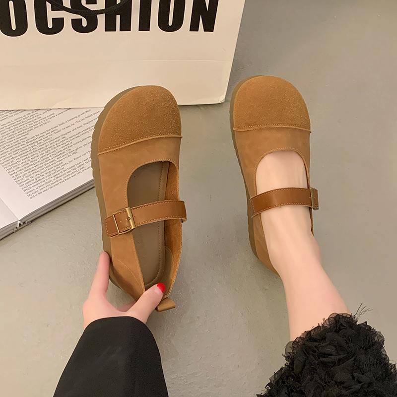 Fashion Women's Fashion Flat Shoes Spring New Round Head Suede Splicing Metal Buckle A Word with Soft Sole Single Shoes