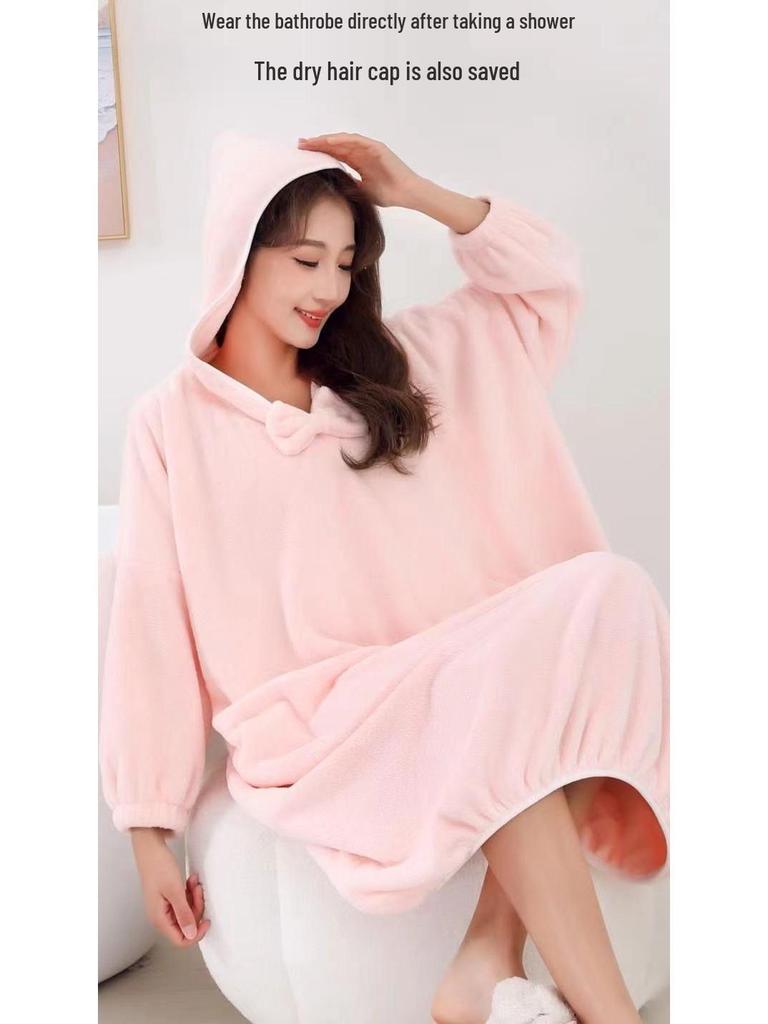 Women's Quick-Drying Hooded Coral Fleece Bathrobe for Spa, Sauna, and Home