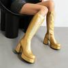 Metallic Silver Gold Microfiber Knee High Boots Women Chunky Heels Party Dress Lady Winter Zipper Plush Gogo Platform Long Boots