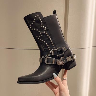 Retro Spitz zulaufende Western-Cowboystiefel mit Metallnieten Chelsea-Stiefel für Herren/Damen, Motorrad-Kurzstiefel, Wadenbauch-Schuhe