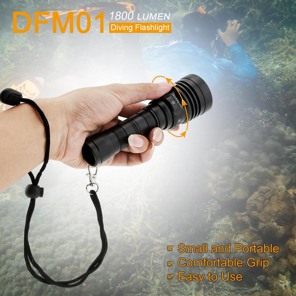 SecurityIng DFM01 1800LM 5 Modes Light Scuba Diving Flashlight for Diving with Magnetic Rotary Switch