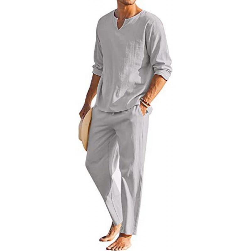 Traje de Moda Deportiva Casual de Tendencia para Hombre de Primavera y Otoño, Explosivo, de Color Sólido, Cuello en V, Camisa y Pantalón