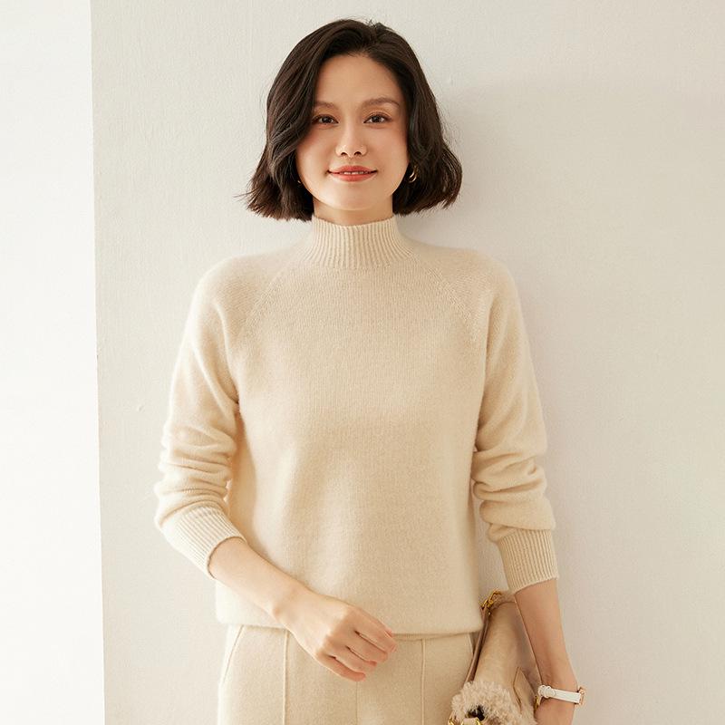 Women's Cashmere Raglan Sleeve Slim Fit Sweater - Half High Neck, Thickened, Solid Color, Versatile Knitted Top.