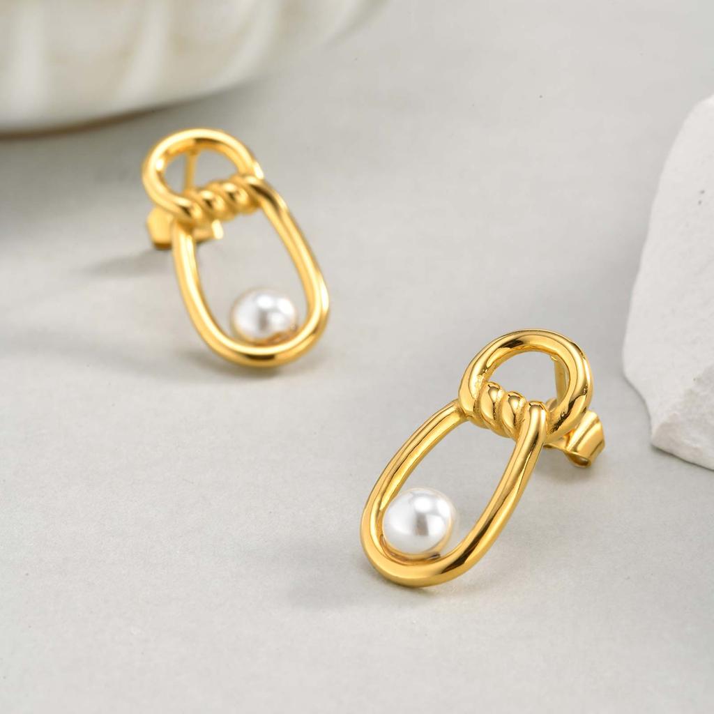 Fashion Irregular Imitation Pearl Earrings Stainless Steel Geometric Twist Texture Earrings for Women Statement Party Jewelry