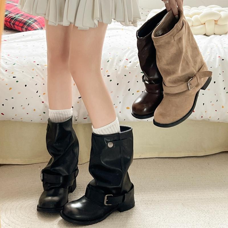 Fashion Vintage Thick Heel Women Western Cowboy Boots Fashion Belt Buckle Slip On Shoes Ladies Pleated Short Booties Autumn Winter