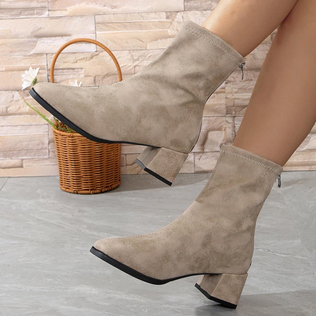 Women Ankle Boots Fashionable High Heel Shoes Chunky Heel Zipper Short Boots Women Autumn Winter Le Square Head Trendy Boots