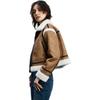 Gap Faux Leather Color Block Warm Oversized Fashion Lapel Motorcycle Jacket Women Jackets Brown 836350