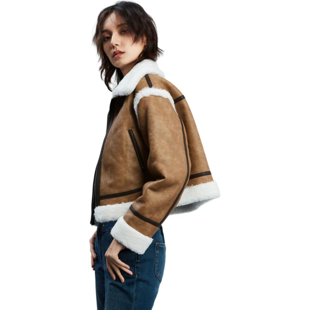Gap Faux Leather Color Block Warm Oversized Fashion Lapel Motorcycle Jacket Women Jackets Brown 836350