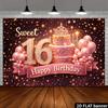 Escena 2D: El tema de la fiesta de 16 cumpleaños es "Dulces 16". Número 16 de diamante dorado, globos rosa dorado.