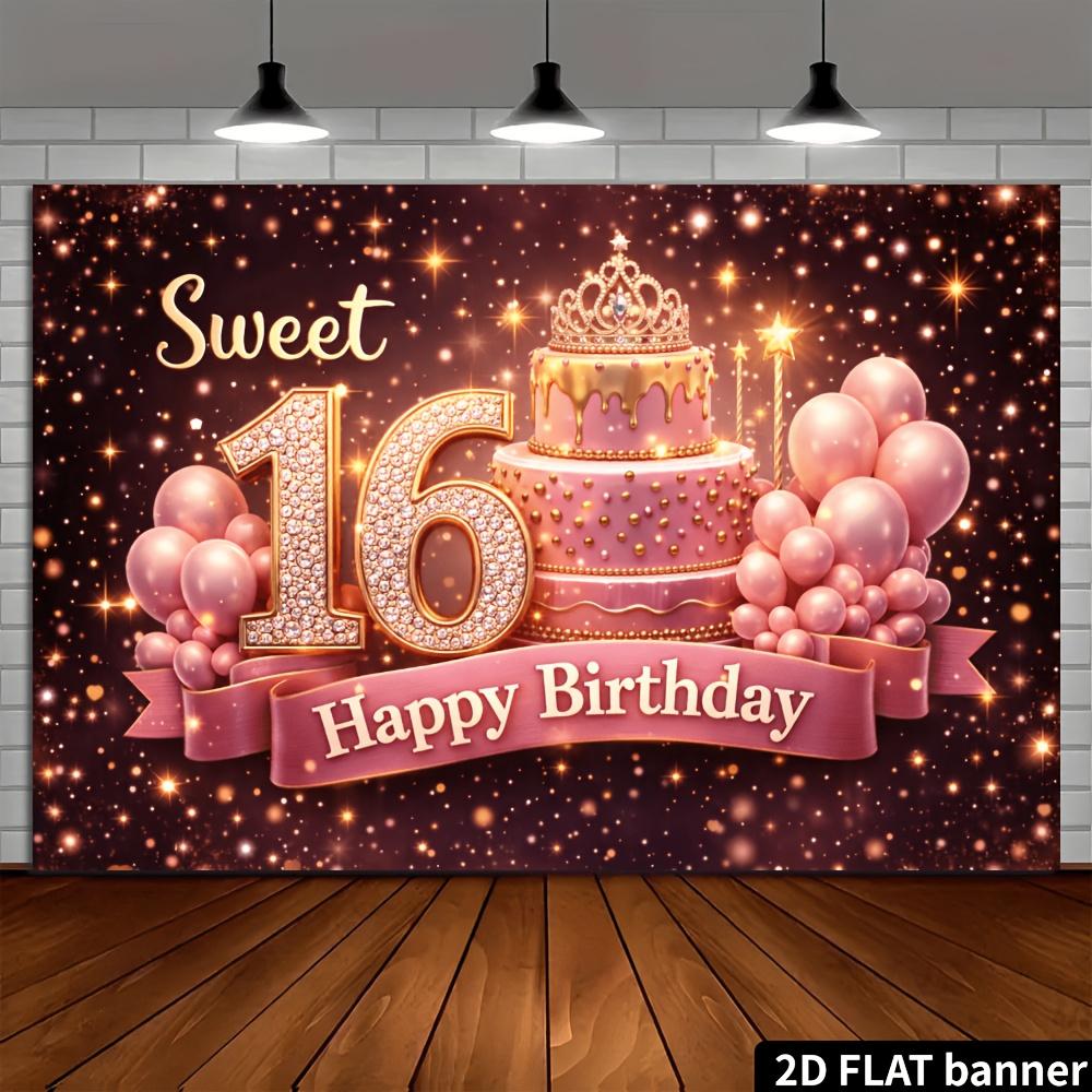 Escena 2D: El tema de la fiesta de 16 cumpleaños es "Dulces 16". Número 16 de diamante dorado, globos rosa dorado.