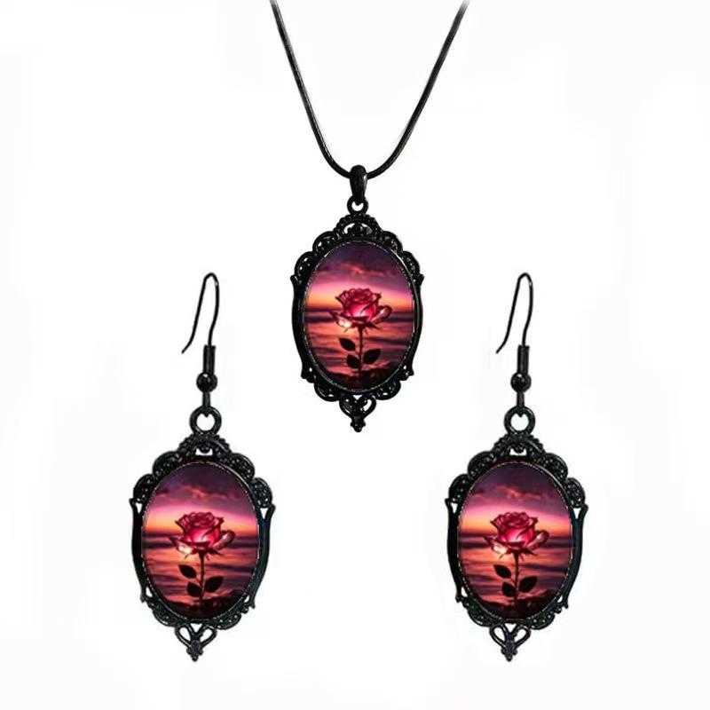 Flower Pattern Black Frame Glass Pendant Earrings, Necklace Set