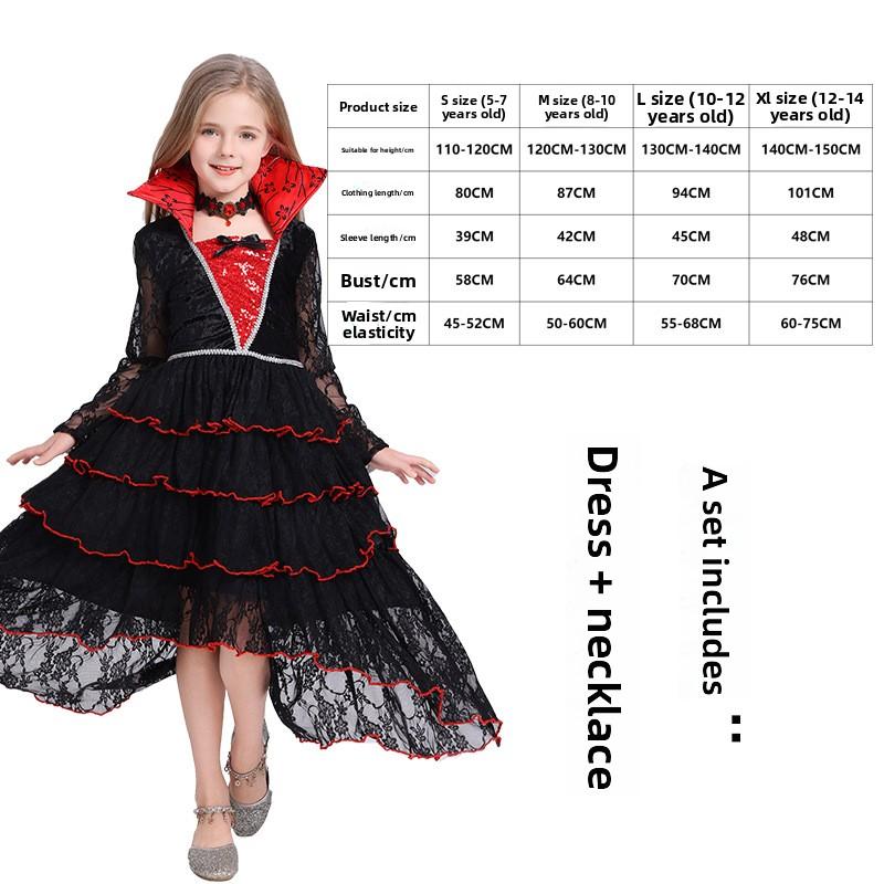 Luxury Vampire Costume For Halloween Party Children Stand Collar Witch Cosplay Girls Performance Role Play Dress Black Red