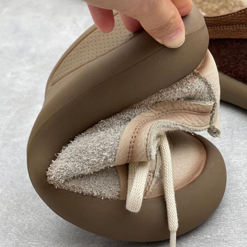 Johnature Retro Flats Genuine Leather Plush Warm Cotton Shoes Cow Leather Thick Soled Women's Shoes