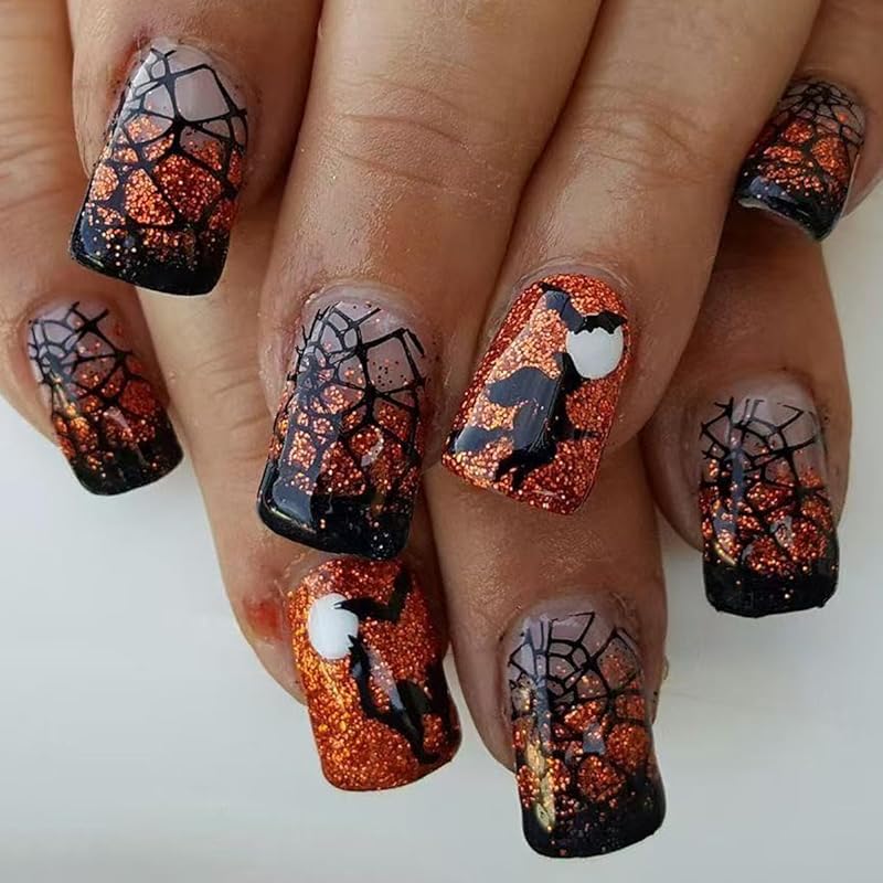 24Pcs Halloween Black Glitter French Press On Toenails White Ghost Fake Toe Nails Short Square Glossy Cute Ghost Full Cover Acrylic Stick On Toenails