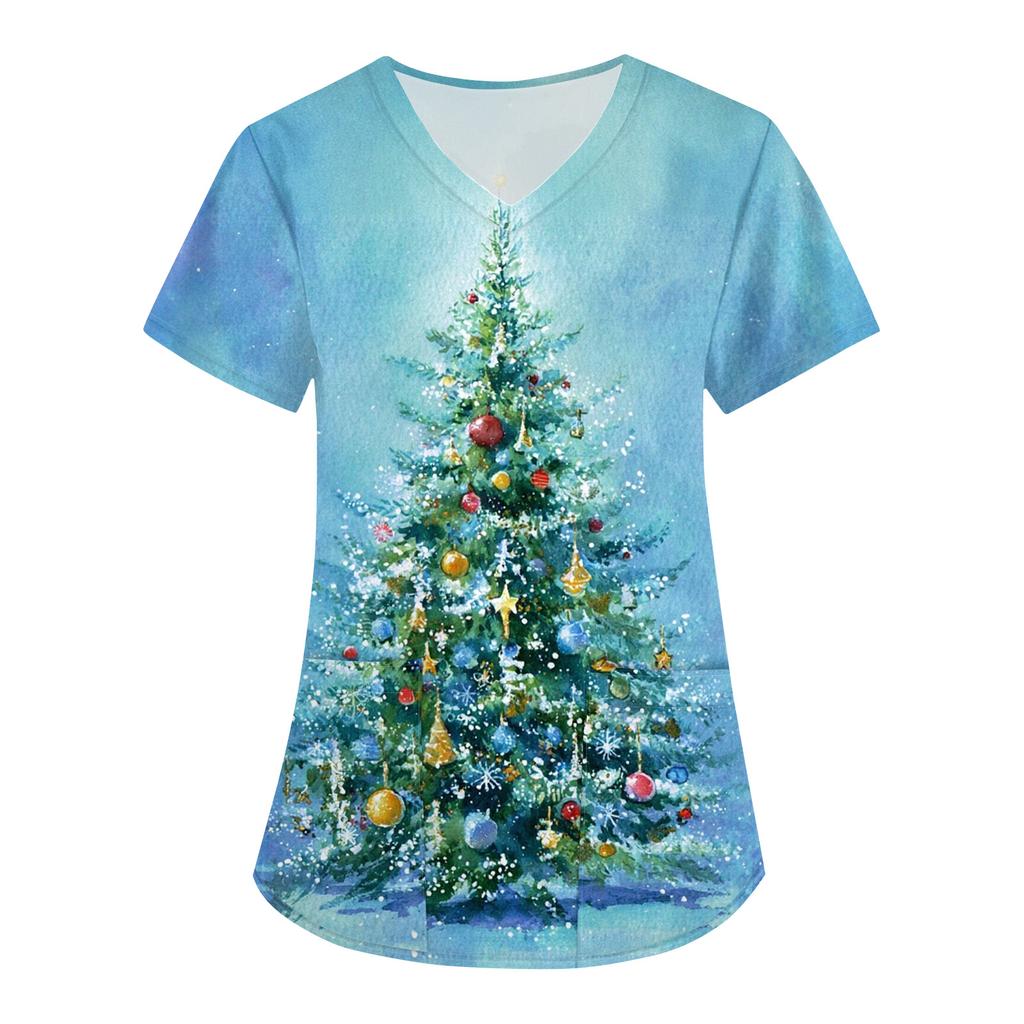 Women's Fashion V-Neck Short Sleeve Overalls With Pockets Christmas Printed Tops  Clothes