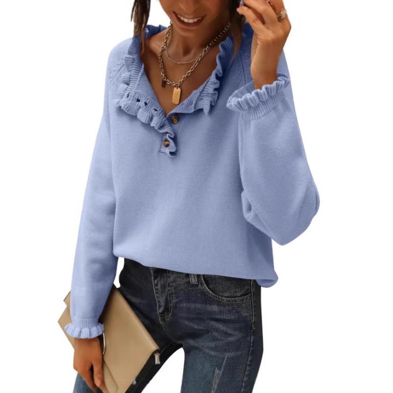 Women S Knit Long Sleeve Pullover Sweater With Buttons Ruffles