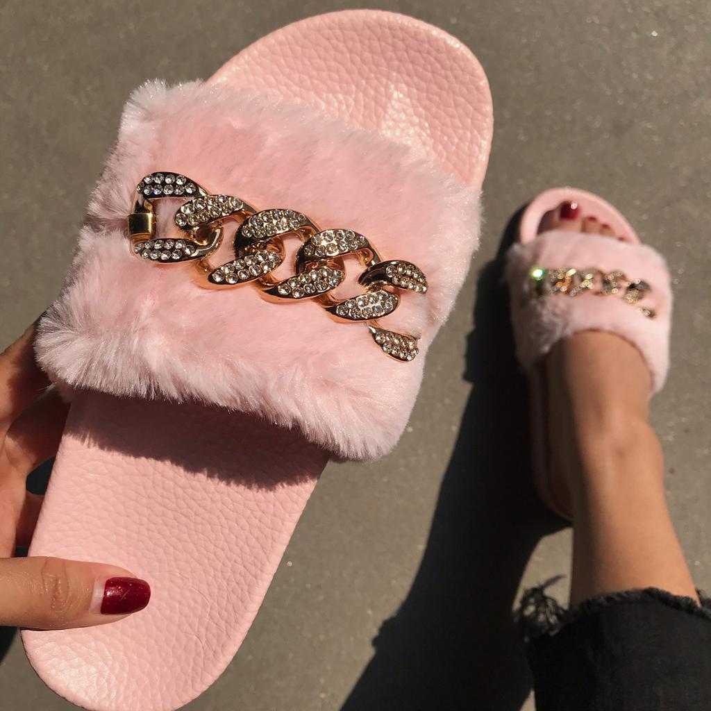 Fashion Beach Women'S Flat Chain Crystal Sandals Slippers Shoes Plush Bear Slippers For Women Foldable Slippers For Women