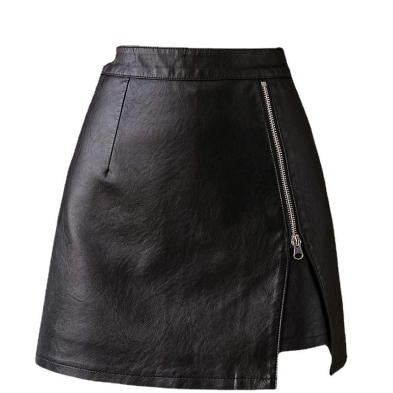 2023 Autumn/Winter High-Waisted Black PU Leather A-Line Slit Skirt