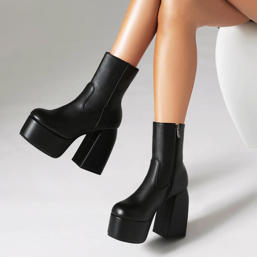 Round Head Thick High Heel Waterproof Table Short Boots Women's Fashion Legs Boots Leather Boots Large Size Boots