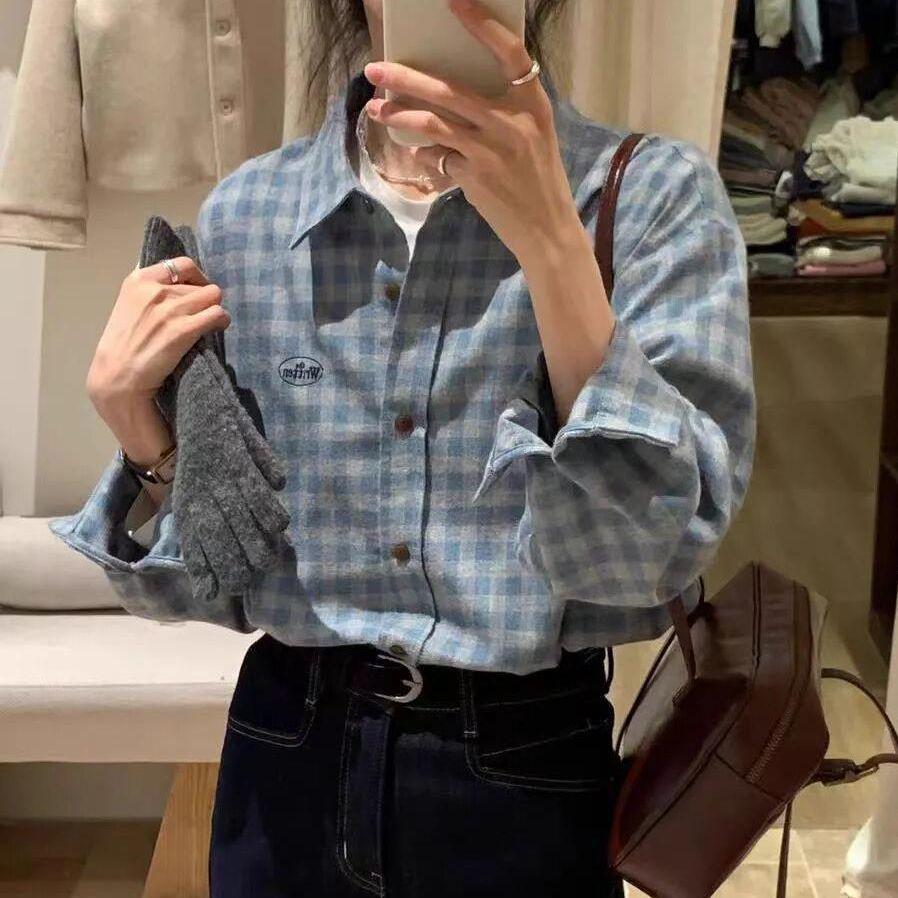 Women s Blue-Gray Plaid Embroidered Lapel Shirt - Korean Style, Relaxed Fit, Soft Brushed, Long Sleeve Layering Extra Large