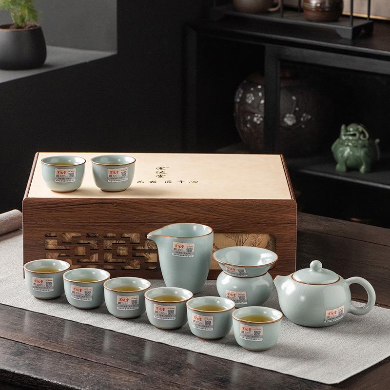 Light Luxury Tianqing Ru Kiln Kung Fu Tea Set Business Gifts High-end Master Handmade Xishi Stone Pot