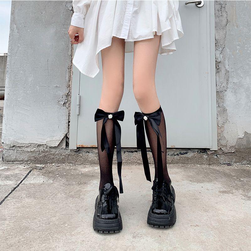 

Гольфы до колена с бантиком для женщин, девушек | Летние тонкие белые гольфы до колена в стиле JK, чулки из телячьего шелка, носки выше колена One Size