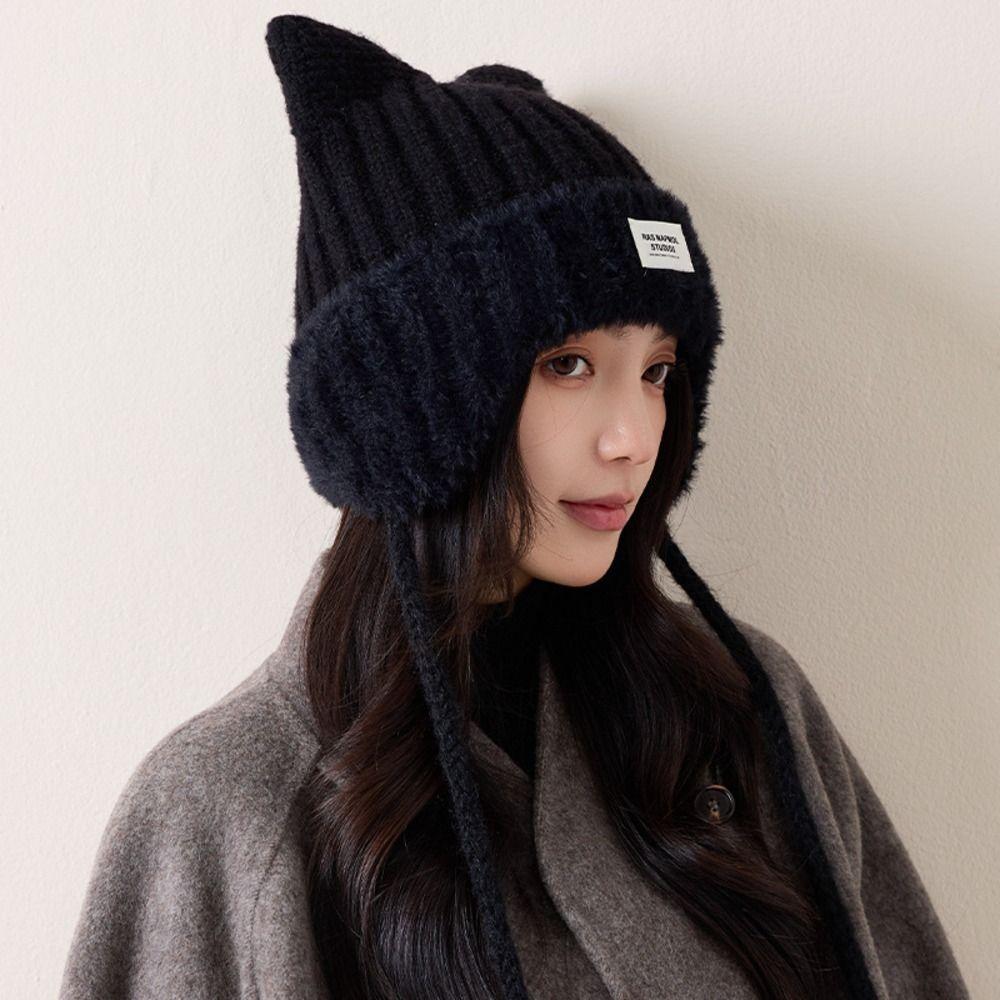 Polyester Cat Ear Knitted Hat 56cm To 58cm Head Circumference Warm Trapper Hat Casual Use