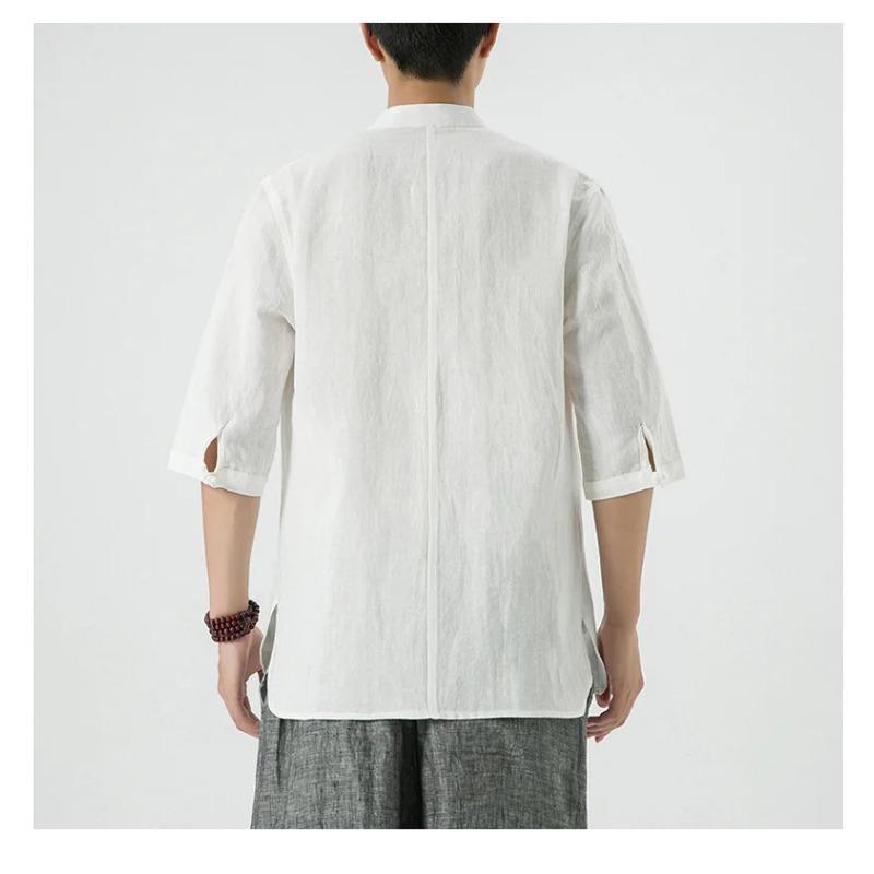 Chinese Style Mens Linen Summer Shirt Retro Stand Collar Half Sleeve Chinese Kong Fu Suit Men Hanfu