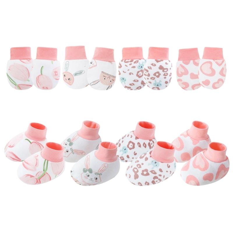 

4 Set Gentle Cotton Baby Mittens Scratch Resistant Hand Cover with Socks for Newborns Boys Girls Soft Breathable