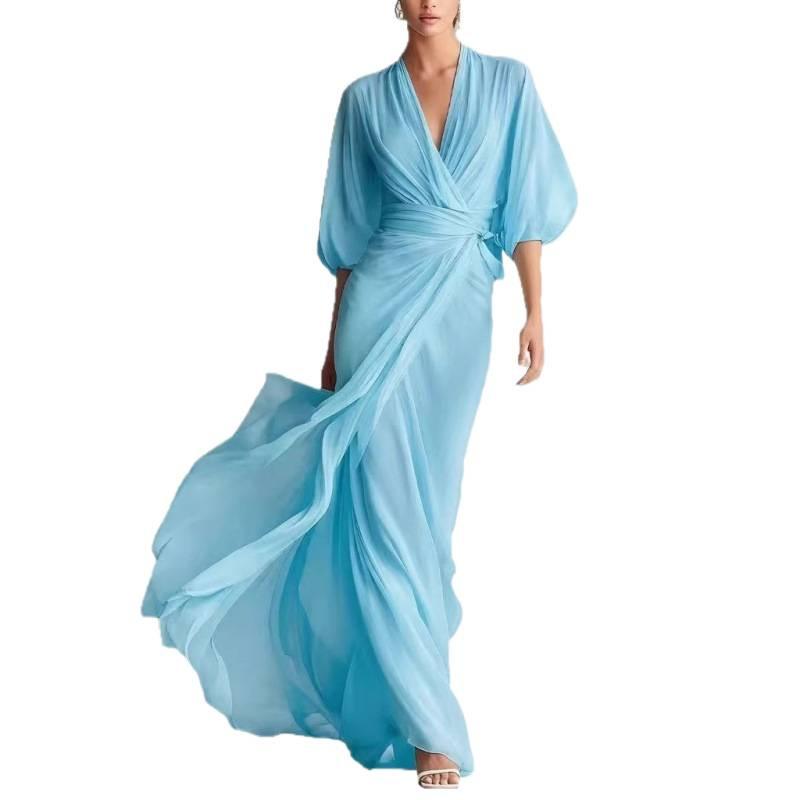 2026 European and American Socialites Deep V-neck Shoulder Lantern Sleeves Waist Long Dress Romantic Autumn Banquet