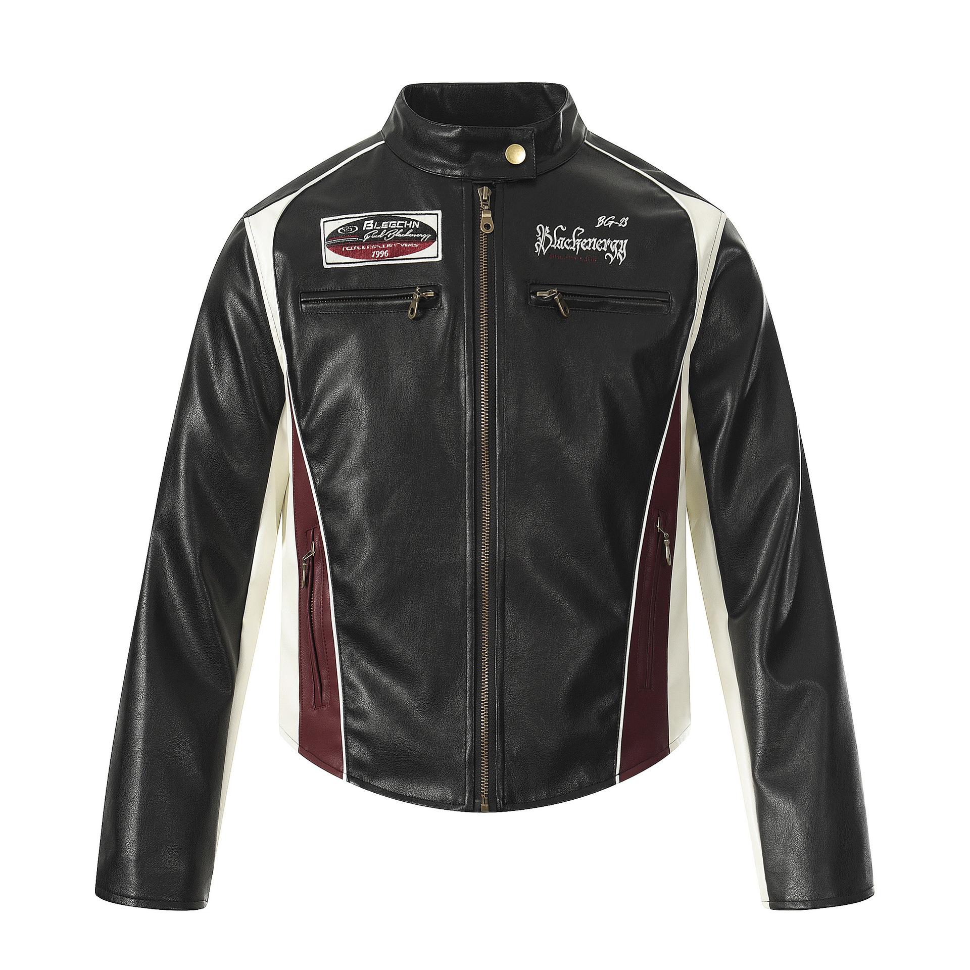 Tide brand American retro pu leather jacket motorcycle jacket racing jacket ruffian handsome baseball jacket S чёрный
