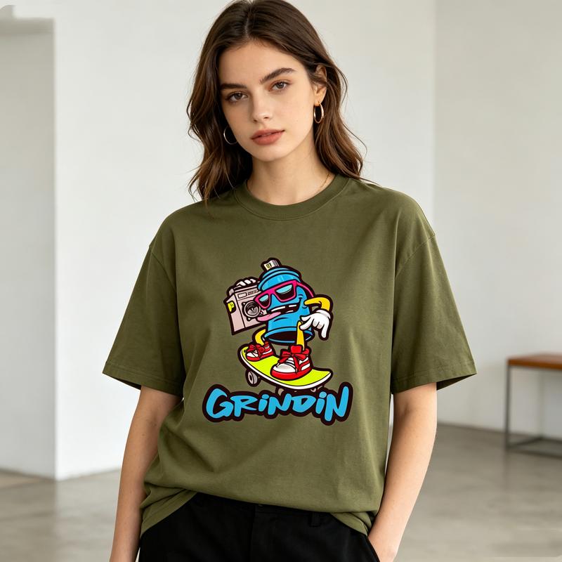 Grindin Skater Graphic T Shirt Funny Cartoon Character Print Unisex Soft Cotton Crew Neck Short Sleeve Trendy Casual Tops