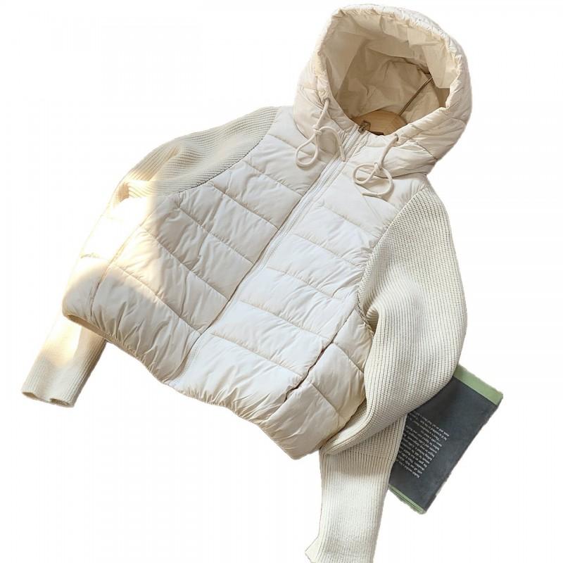 Womens Short Faux Two-Piece Knit Sleeve Patchwork Padded Jacket Winter Slim Fit Casual Coat