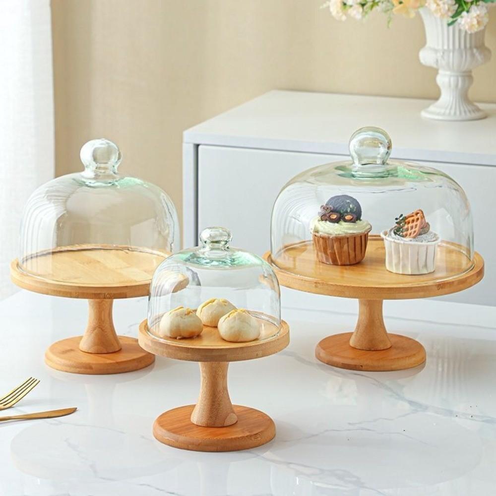 Glass Cover Wooden Cake Stand Vintage Dessert Stand Holder Tray High Foot Cake Plate  Dessert Table