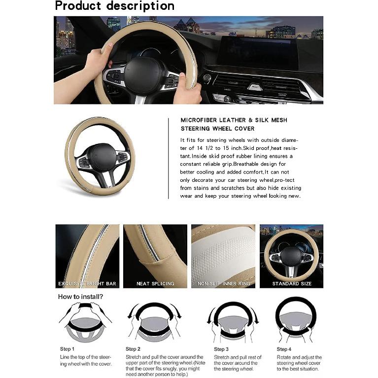 Car Steering Wheel Cover, Microfiber Leather Wheel Cover, Bright Strip Cute Steering Wheel Cover Universal 14.5-15 Inch Car Accessory, Breathable,
