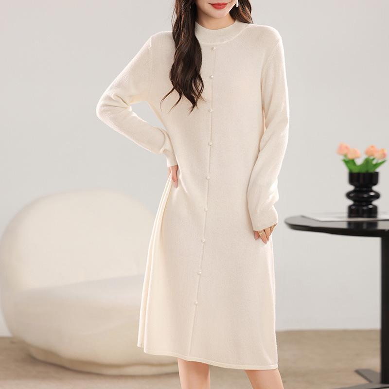 Women's Elegant Pearl Button Wool Dress - Autumn/Winter Knit, Half-High Collar, Loose Fit, Silk Luster Sweater