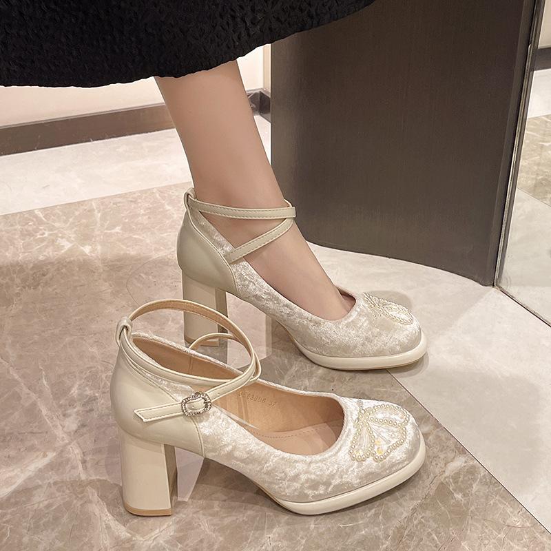 New Chinese cross belt elegant high heels women's 2025 spring new temperament waterproof table thick heel Mary Jane single shoes