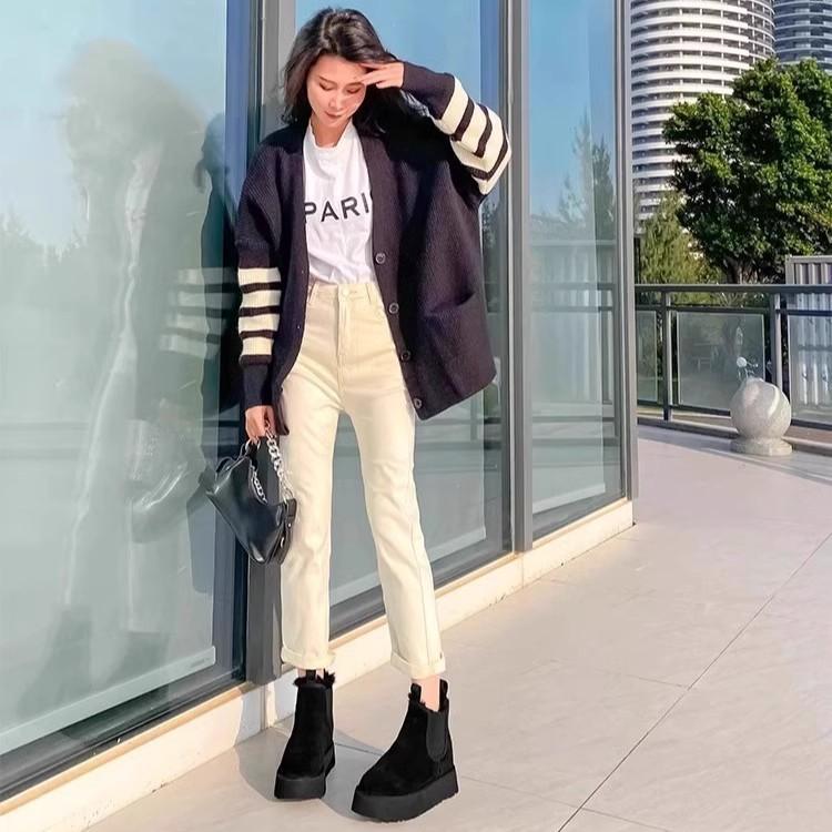 Cowhide version~ Small inner height increase 9cm snow boots women's winter velvet thickened fur integrated warm cotton shoes