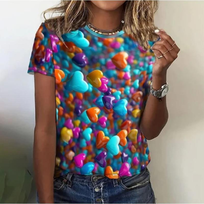 Summer New Women's Loose Shirt, Water Drop Pattern Printing Round Neck Short Sleeves